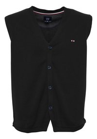 Svart ärmlös cardigan med v-ringning, fem knappar och en liten kontrasterande logotyp på vänster sida. Mjuk bomullsblandning.