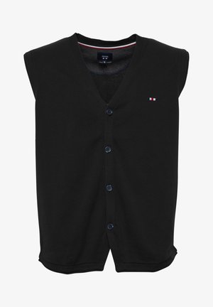 Schwarze ärmellose Strickjacke mit V-Ausschnitt, fünf Knopfverschlüssen und einem kleinen farblich abgesetzten Logo auf der linken Seite. Weicher Baumwoll-Mischmaterial.