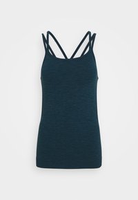 Mörkt teal sporttanktop med en slät yta, som har en sportig design och dubbla axelband som bildar ett kors i ryggen.