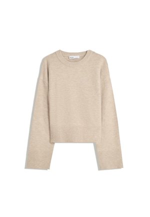 Beige cropped sweater lavet af blød strik. Har rund halsudskæring, lange ærmer samt ribbede manchetter og kant for ekstra tekstur.