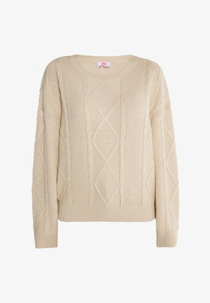 Beige kötött pulóver, textúrált mintával, gyémánt alakzatokkal, kerek nyakkivágással és bordás mandzsettával és szegéllyel.