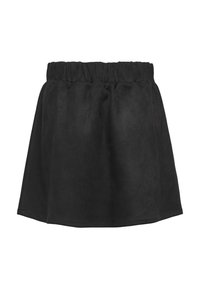 Svart, elastisk midje skjørt laget av mykt semsket skinnmateriale; utsvingt design med en glatt tekstur og ingen synlige mønstre eller metallgjenstander.