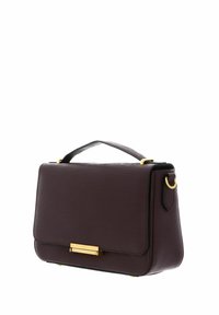 Dark brown textured leather handbag with top handle, rectangular shape, and gold-tone metal clasp and hardware accents.