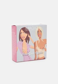 Ružový a šedý box s kreslenými ilustráciami dvoch žien, s textom "Ukážte svoje bradavky." Zahrnuté podrobné grafiky a branding.
