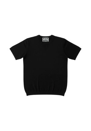 Maglione nero a maniche corte in maglia con scollo tondo e orlo a coste, con etichetta "RICH MOND" all'interno del collo.