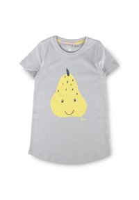 Gray cotton T-shirt featuring a large yellow pear graphic with a smiling face and black freckles; short sleeves and round neckline.