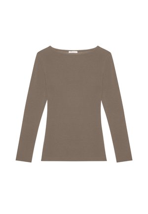 Long-sleeve fitted top in taupe with a wide round neckline and smooth fabric texture.