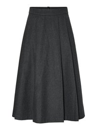 Falda de lana gris oscuro con una cintura ajustada, diseño plisado y dobladillo a la altura de la rodilla, con un cierre en la parte posterior.