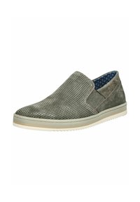 Zapato sin cordones de ante gris con un diseño perforado. Presenta un forro de patrón azul contrastante y una suela de goma ligera.