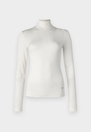 Bela dolge rokave turtleneck majica iz mehkega blaga z gladko teksturo. Ima subtilen logotip na spodnji strani.