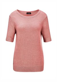Kurzärmliger Strickpullover in zartem Rosa. Glatte Textur mit Rundhalsausschnitt und gerippten Bündchen und Saum. Lässiger Schnitt ohne Verzierungen.