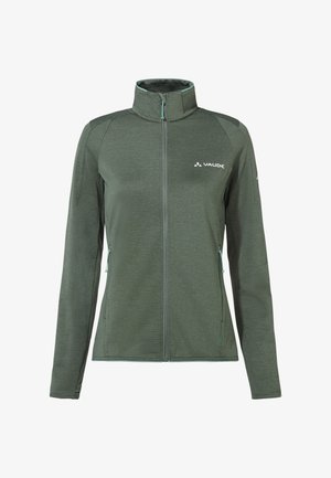 Groen fleecejack met volledige ritssluiting, hoge kraag, lange mouwen, twee zijzakken met ritssluiting en het "Vaude"-logo op de borst.