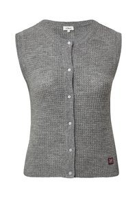 Grijze gebreide mouwloze cardigan met een gestructureerd patroon, knoopsluiting aan de voorkant en een klein logo-patch aan de rechter benedenrand.