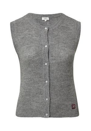 Cardigan sans manches en tricot gris avec un motif texturé, fermeture à boutons sur le devant et un petit patch logo en bas à droite de l'ourlet.