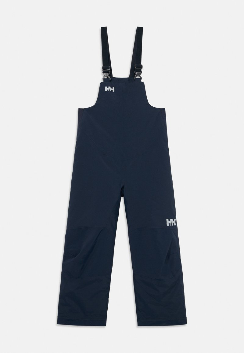 Mörkblå isolerade hängselbyxor med justerbara svarta axelremmar och Helly Hansen-logotyper på bröstet och låren.