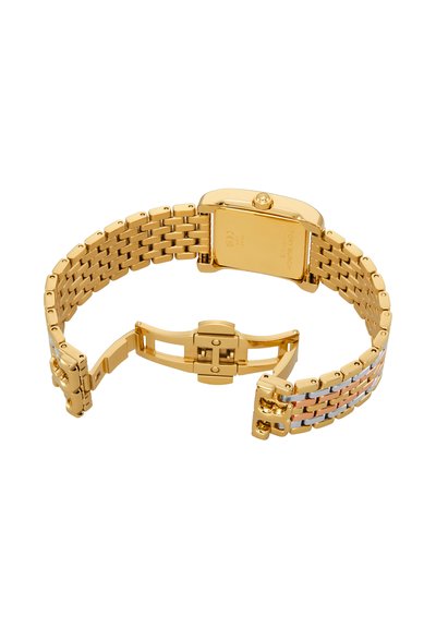 Bracelet de montre en métal ton or avec fermoir ouvert, montrant le dos carré de la montre et des accents multicolores sur un côté du maillon.