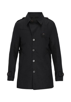 Musta trenssitakki, jossa on napillinen etupuoli, kaksi sivutaskua, olkatoppaukset ja tyylikäs, sileä pinta.