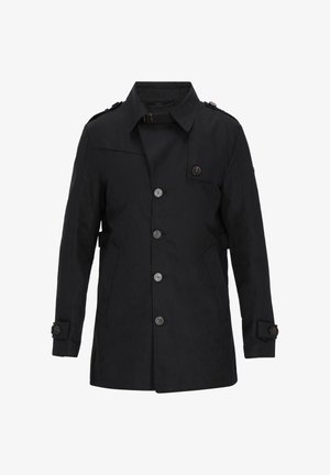 Schwarzer Trenchcoat mit Knopfleiste, zwei Seitentaschen, Schulterklappen und einer eleganten, glatten Textur.