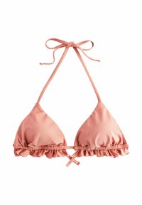 Triangelbikinitopp i mjuk persikofärgad tyg, med volangdetaljer, halterneck-band och en enkel baksida. Slät textur och minimalistisk design.