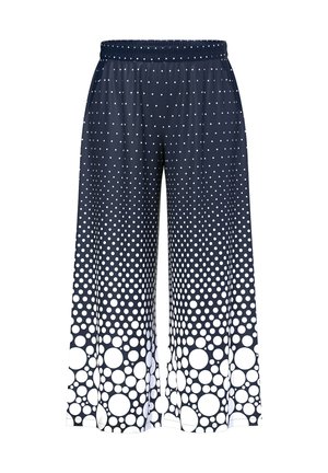 Pantalones palazzo en color navy con un patrón de puntos en degradado que transiciona de pequeños puntos blancos a más grandes en el dobladillo, featuring una cinturilla elástica.