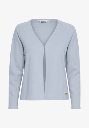 Lyseblå, ribbet cardigan med lange ærmer, V-udskæring, åben front og et lille logotag i nederste højre hjørne.