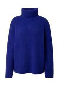 Blue knitted turtleneck sweater with a textured pattern, relaxed fit, dropped shoulders, and long sleeves. Soft, warm fabric.