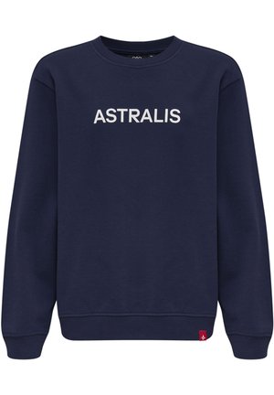 Marineblaue Sweatshirt mit Rundhalsausschnitt und gerippten Bündchen. Auf der Vorderseite steht "ASTRALIS" in weißer Schrift, und am unteren Saum befindet sich ein rotes Etikett.