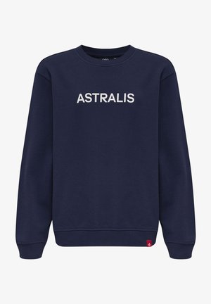 Granatowa bluza z okrągłym dekoltem i ściągaczami. Z przodu znajduje się napis "ASTRALIS" w białym kolorze oraz czerwona metka przy dolnym szwie.