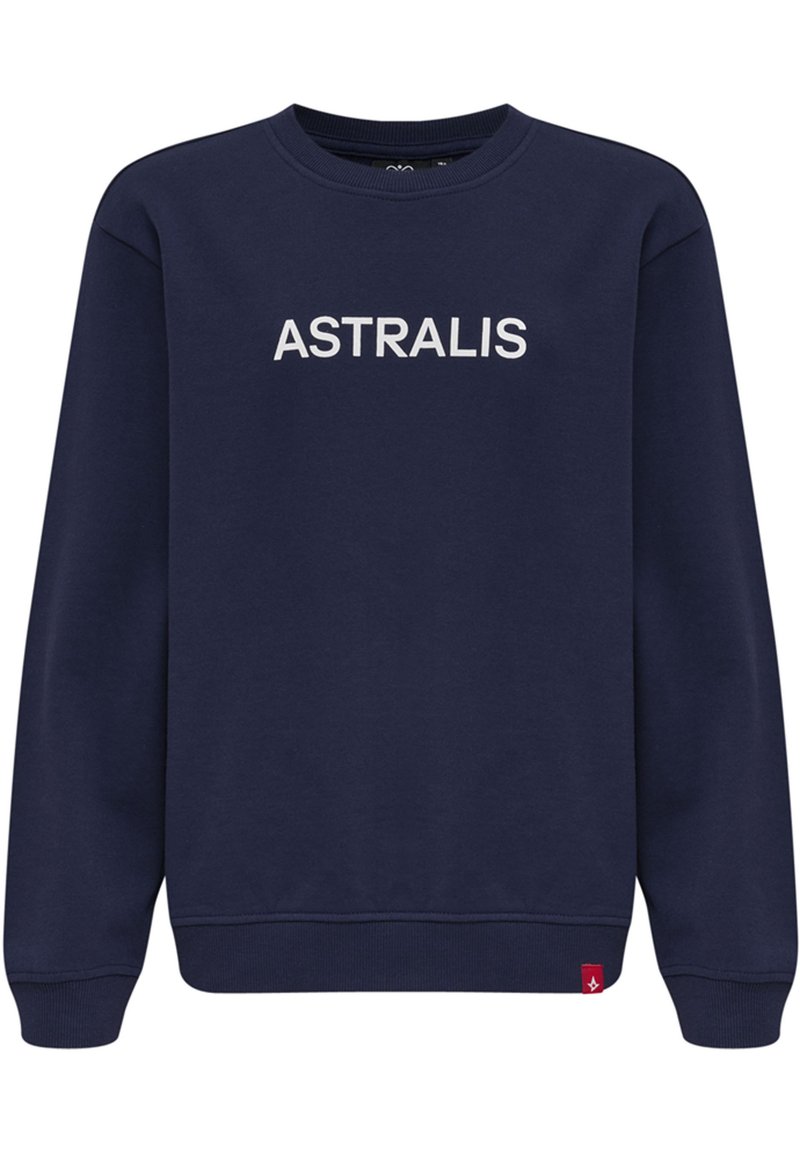 Mörkblå sweatshirt med rundad Hals och ribbade ärmslut. Har "ASTRALIS" i vit text på framsidan och en röd etikett vid den nedre sömmen.