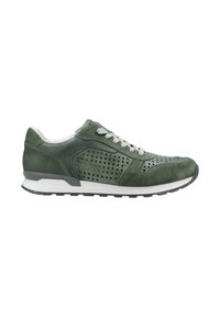 Grüne Wildledersneaker mit durch perforierte Seiten, grauen Schnürsenkeln, weißer Zwischensohle und strukturiertem Gummi-Außensohle für Grip und Stabilität.
