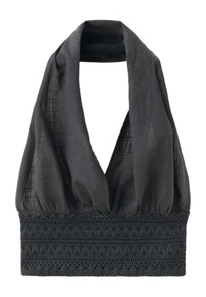 Haut noir sans manches à col halter profond en V avec une large bande en crochet à la taille, confectionné dans un tissu léger texturé.