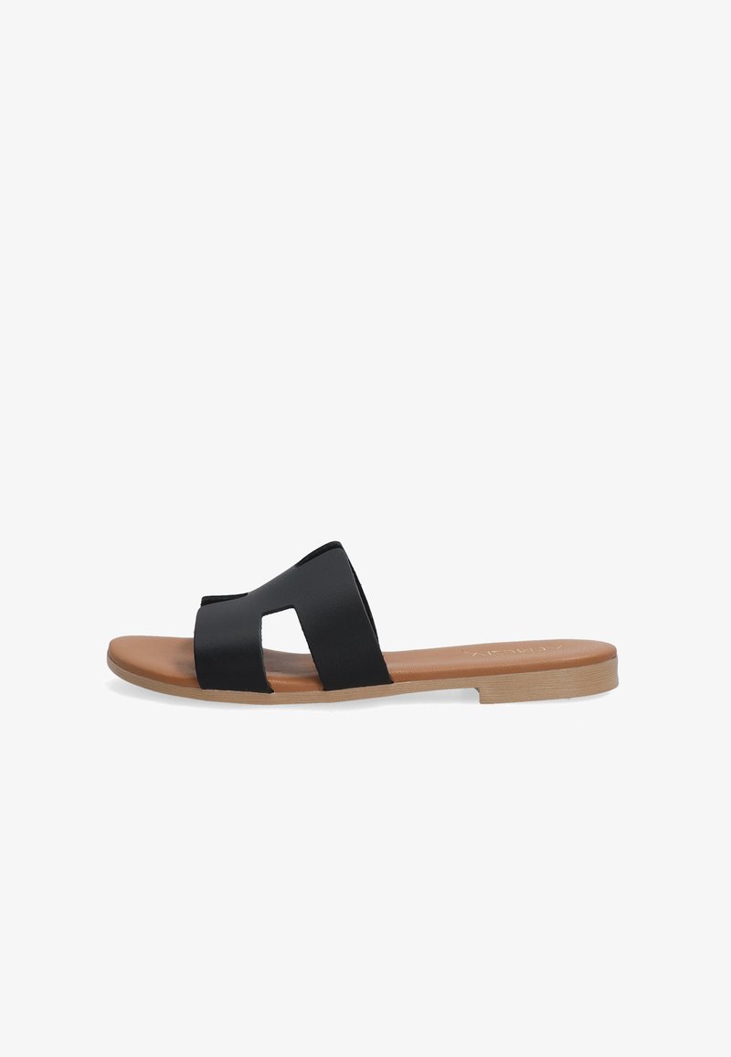 Black slide sandals with two cutout straps, a smooth finish, and a flat brown sole. Lightweight design suitable for casual wear.