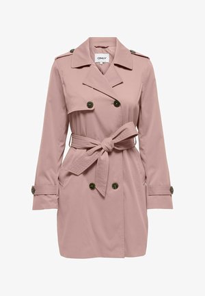 Lichtroze dubbelgeknoopte trenchcoat met schouderepauletten, geknoopte manchetten, voorzakken en een ceintuur in de taille.