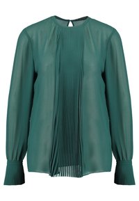 Blouse vert foncé à manches longues avec un panneau avant plissé et des poignets, encolure ronde et fermeture par bouton à trou dans le dos.
