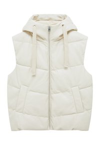 Veste matelassée blanche sans manches avec fermeture éclair à l'avant, capuche attachée et deux poches avant à ouvertures verticales.