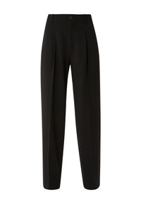 Black pleated trousers made of woven fabric, featuring a fitted waistband, single button closure, and a wide-leg silhouette.
