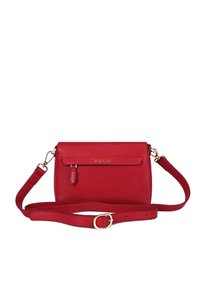 Červená kožená kabelka s texturovaným povrchem, se zipovým uzávěrem a zlatými kovovými doplňky. Obsahuje nastavitelný popruh a embosované logo.