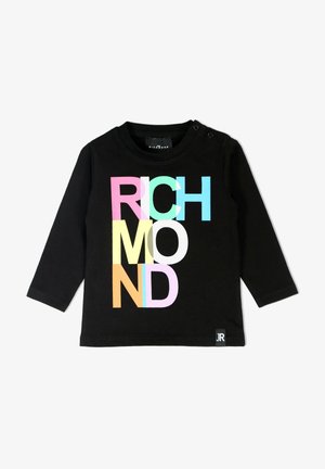 Czarna koszulka z długim rękawem dla malucha, z kolorowym napisem "RICHMOND" ułożonym pionowo na przodzie oraz zatrzaskami na lewym ramieniu.