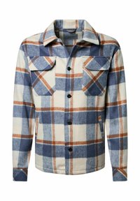 Kraagloze fleece jas met een groot ruitpatroon in blauw, wit en bruin, twee flap borstzakken en lange mouwen.