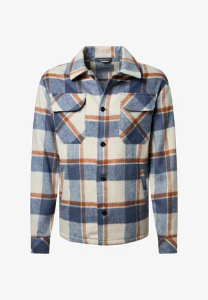 Knopf-up Fleecejacke mit großem karriertem Muster in Blau, Weiß und Braun, zwei Brusttaschen mit Klappen und langen Ärmeln.