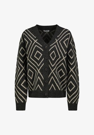 Schwarze Strickjacke mit einem Rautenmuster in Creme, aus weichem Strickmaterial, mit V-Ausschnitt und sechs schwarzen Knöpfen auf der Vorderseite.