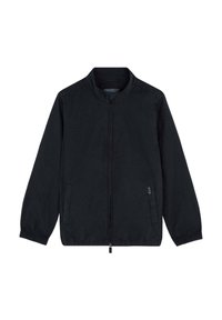 Zwarte lichtgewicht jas met een ronde hals, voorzijde met ritssluiting, zijzakken, elastische boorden en een soepele textuur.