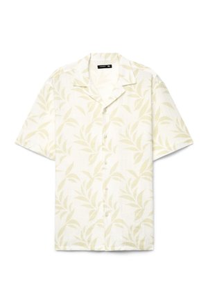 Camicia bianca a maniche corte con bottoni, motivo foglie verde chiaro e collo camp, taglia XL, stesa piatta su sfondo bianco.