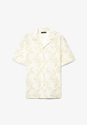 Camicia bianca a maniche corte con bottoni, motivo foglie verde chiaro e collo camp, taglia XL, stesa piatta su sfondo bianco.