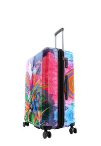 Colorful hard-shell suitcase featuring floral and butterfly designs, with a black zipper and a retractable handle. Four wheels for mobility.