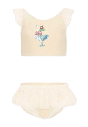 Dwuczęściowy kremowy strój dla niemowląt z falbankowymi rękawkami i spódniczką, z błyszczącym wzorem lodowego deseru na górze.