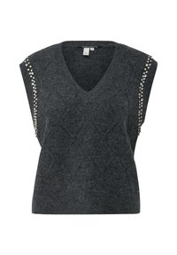 Dark gray sleeveless knit vest with V-neck and diamond pattern, featuring two vertical rows of small silver studs along the shoulders.