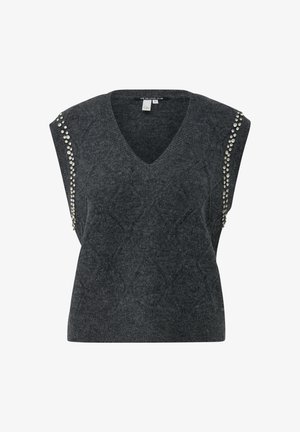 Chaleco de punto sin mangas de color gris oscuro con cuello en V y patrón de diamantes, que presenta dos filas verticales de pequeños tachuelas plateadas a lo largo de los hombros.