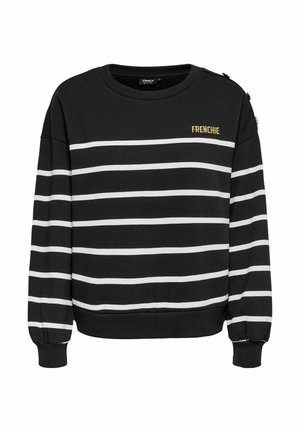 Zwarte trui met lange mouwen en witte horizontale strepen, gouden "FRENCHIE"-tekst op de borst, ronde hals en knoopdetails op de linker schouder.