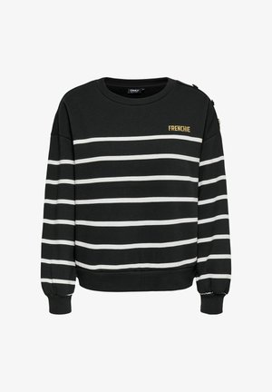 Pull noir à manches longues avec des rayures blanches horizontales, texte doré "FRENCHIE" sur la poitrine, col rond et détails de boutons sur l'épaule gauche.